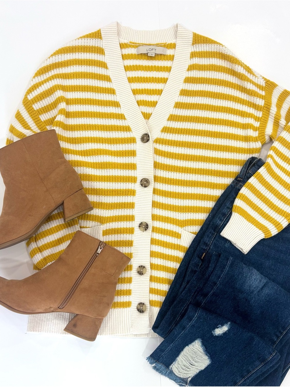 LOFT Mustard Striped Chunky Knit Cardigan M